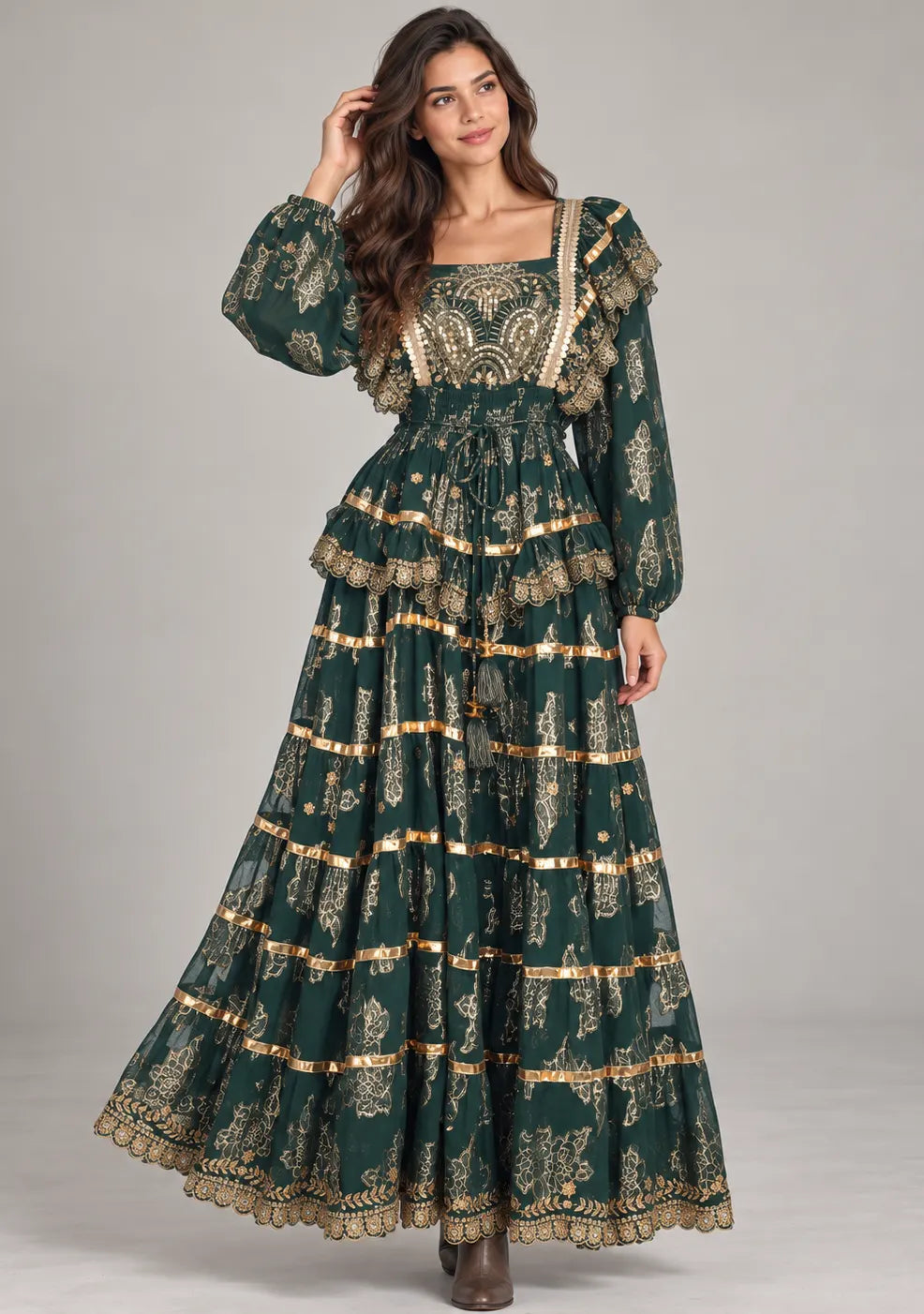 Ibban Women's Cotton Lurex Chari Long Maxi Dress with Gold Embroidery