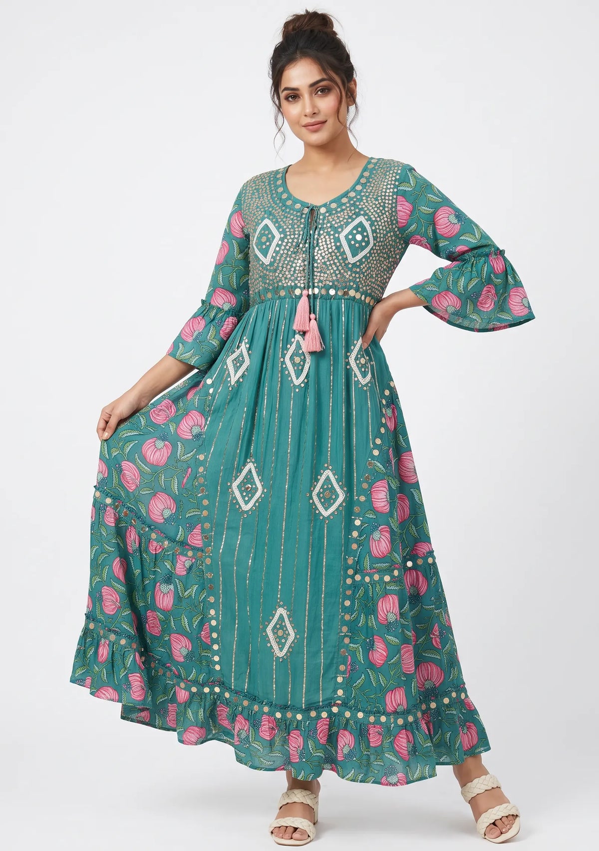 Women’s Cotton Hand-Embroidered Long Dress -Jumani