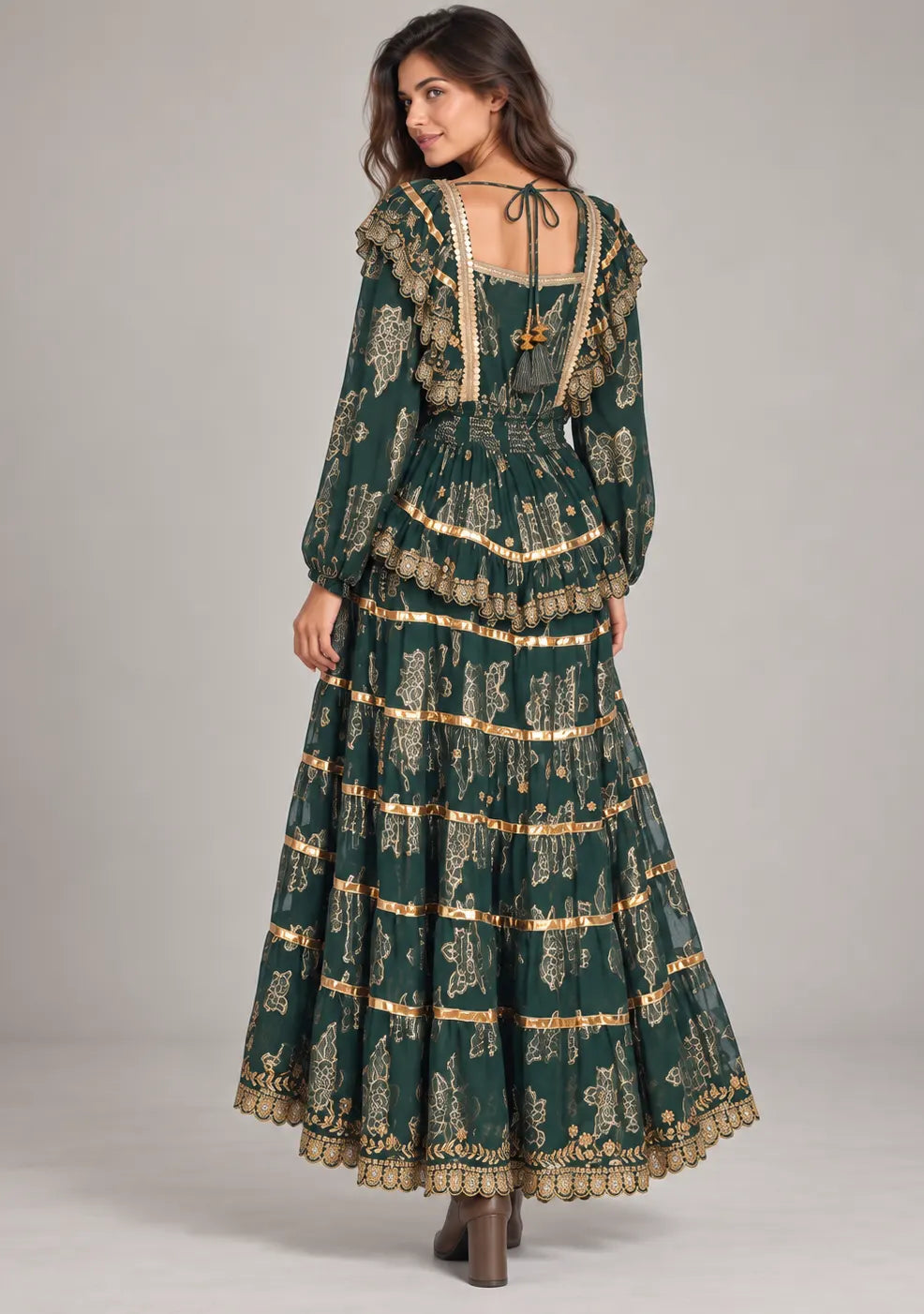 Ibban Women's Cotton Lurex Chari Long Maxi Dress with Gold Embroidery