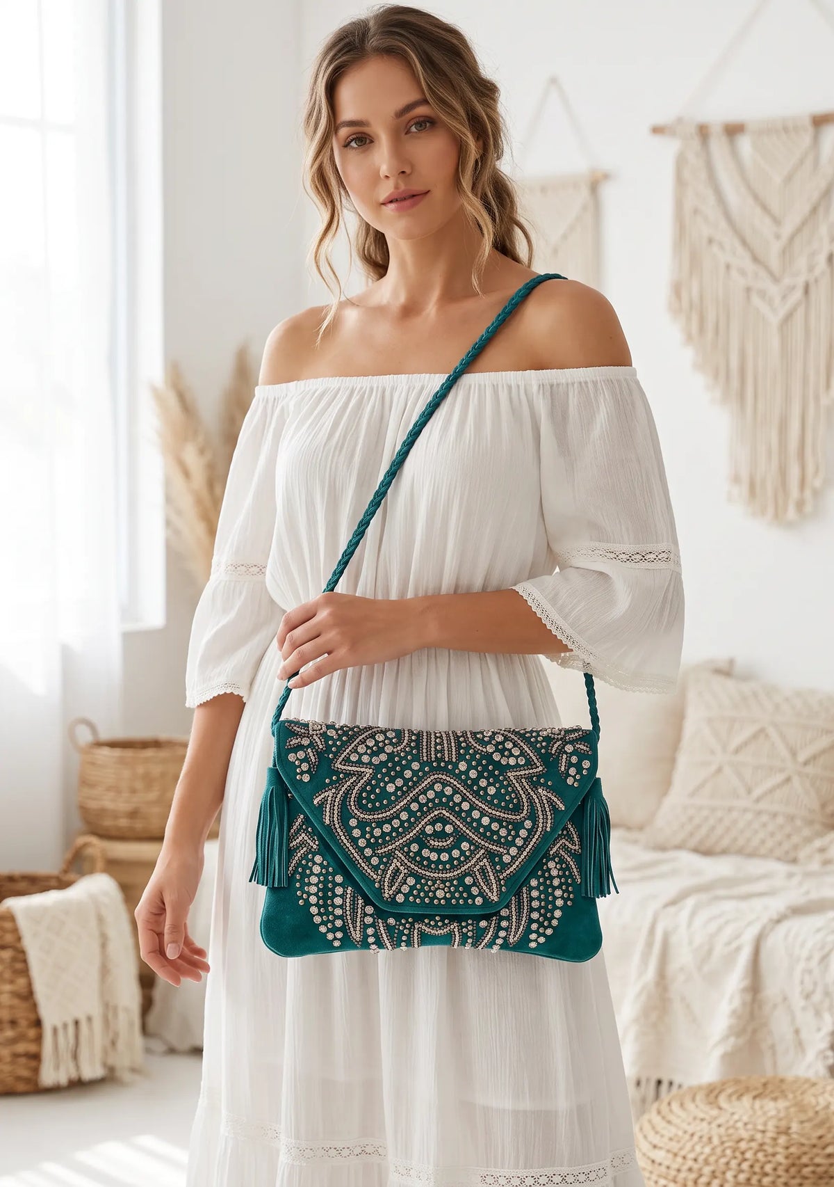 ibBan Hand-Embroidered Green wallet with Beadwork - Masum