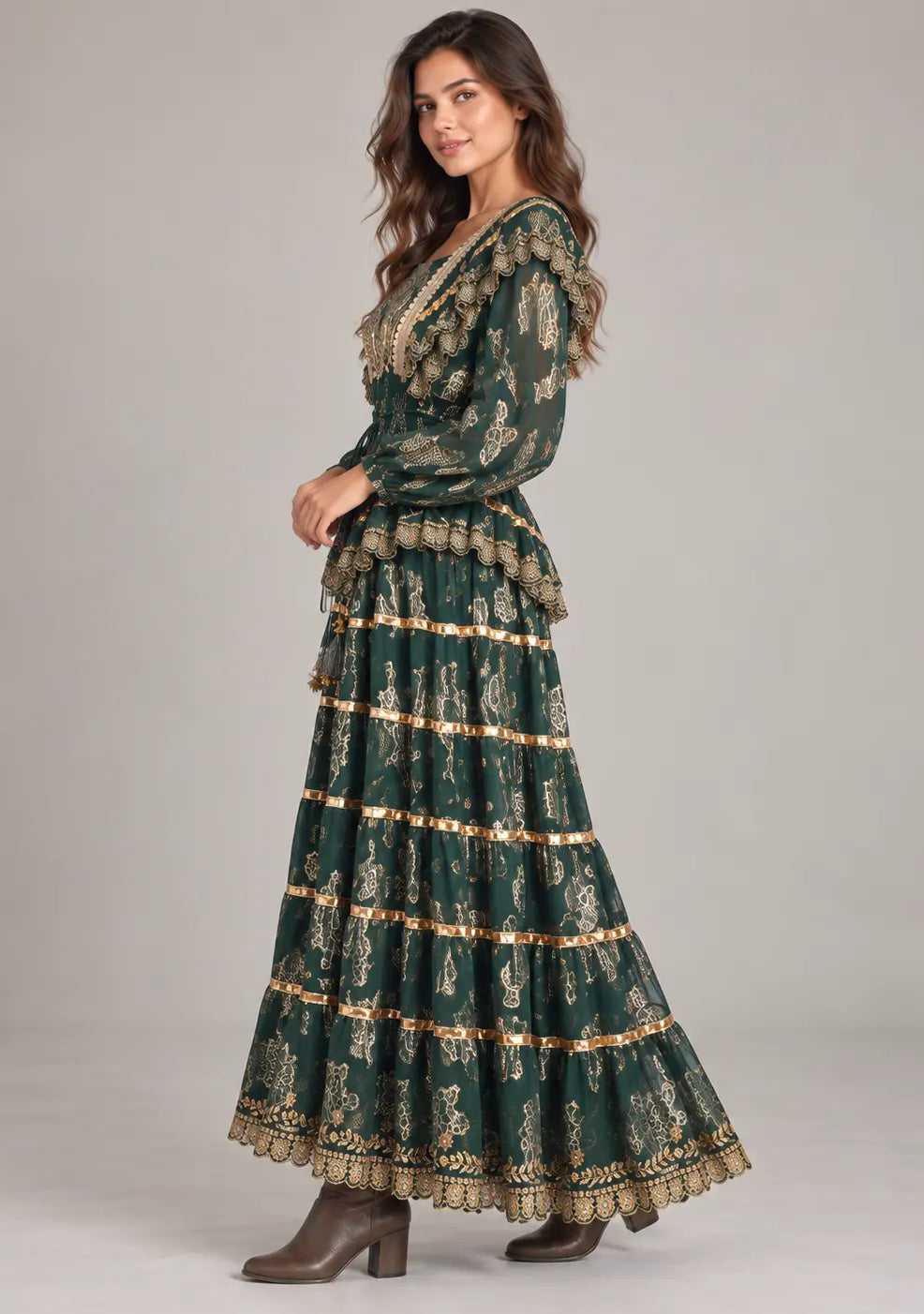 Ibban Women's Cotton Lurex Chari Long Maxi Dress with Gold Embroidery