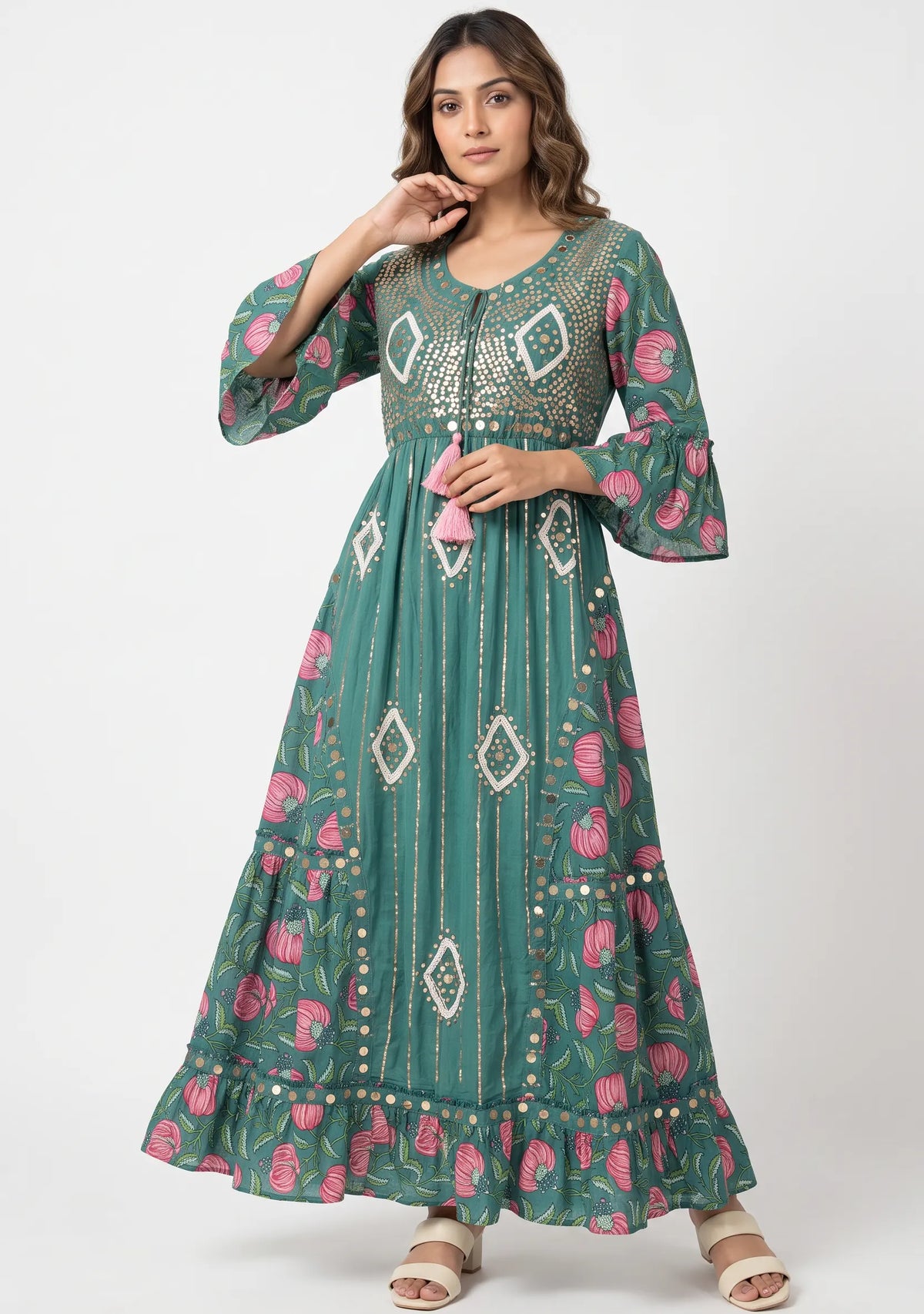 Women’s Cotton Hand-Embroidered Long Dress -Jumani