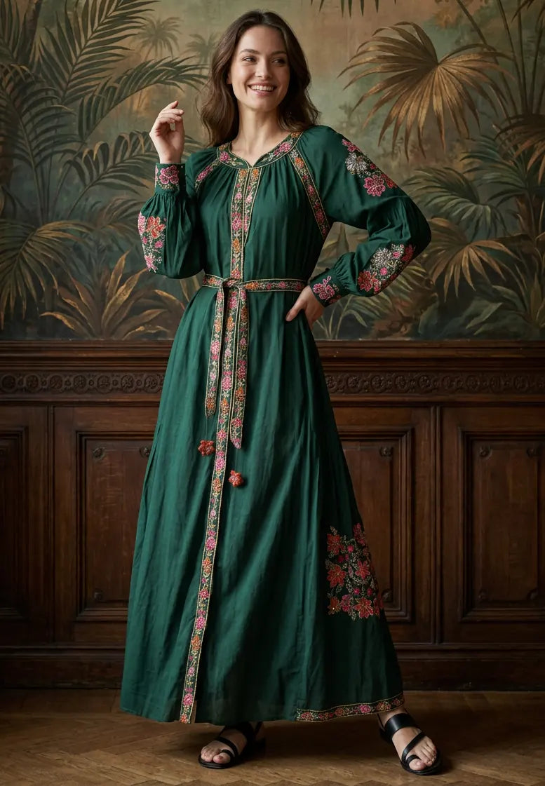 Women’s Cotton Long Dress with Hand Embroidery - Zayra