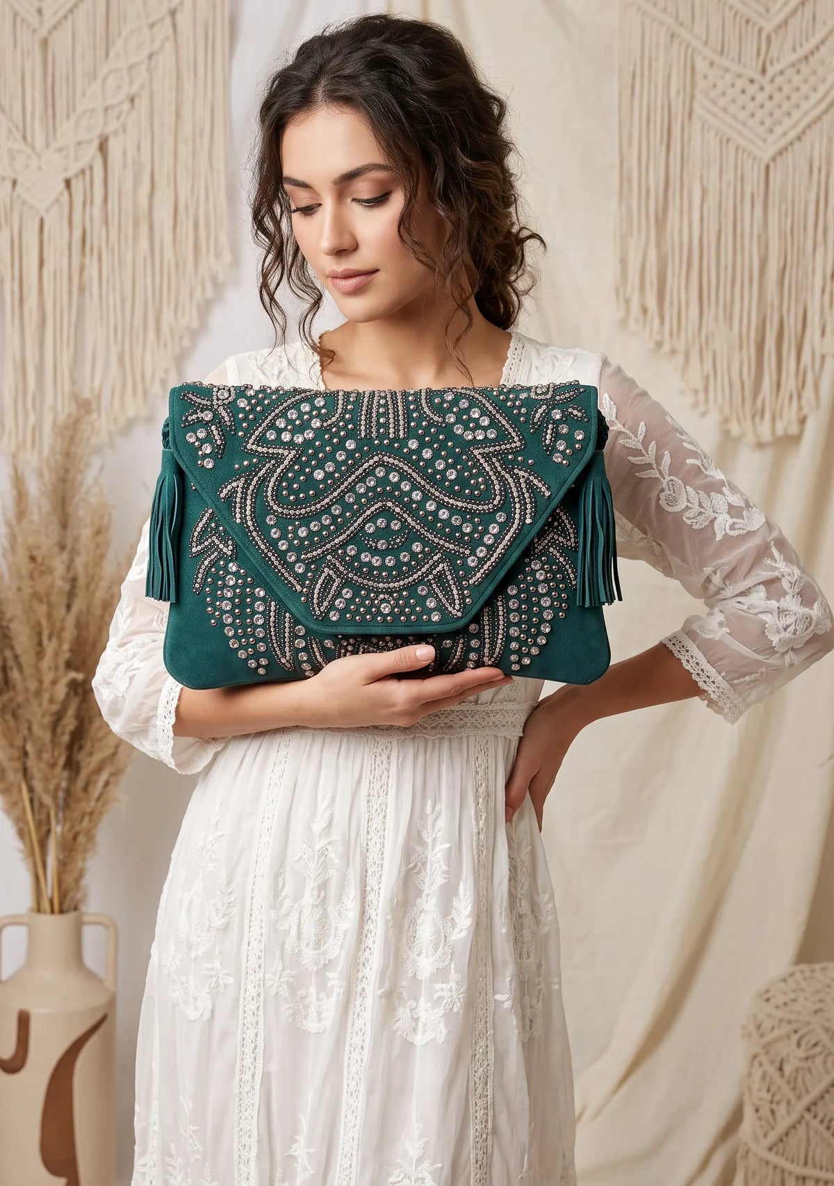 ibBan Hand-Embroidered Green wallet with Beadwork - Masum