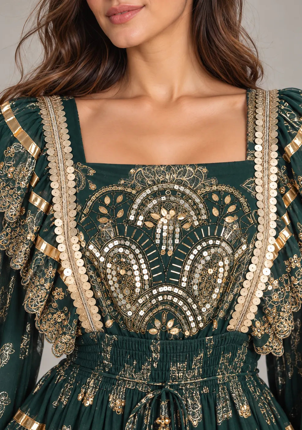 Ibban Women's Cotton Lurex Chari Long Maxi Dress with Gold Embroidery