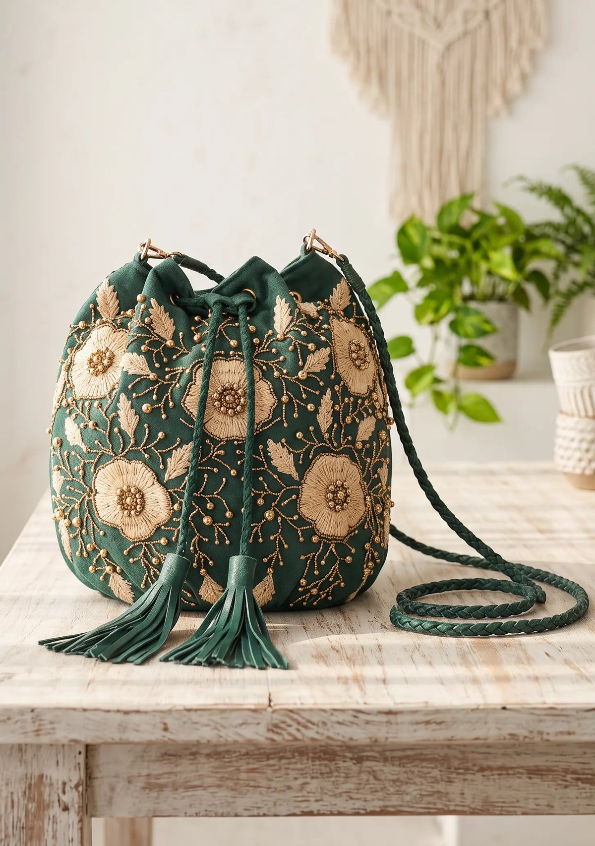 ibBan Hand-Embroidered Green Potli Bag - Johri