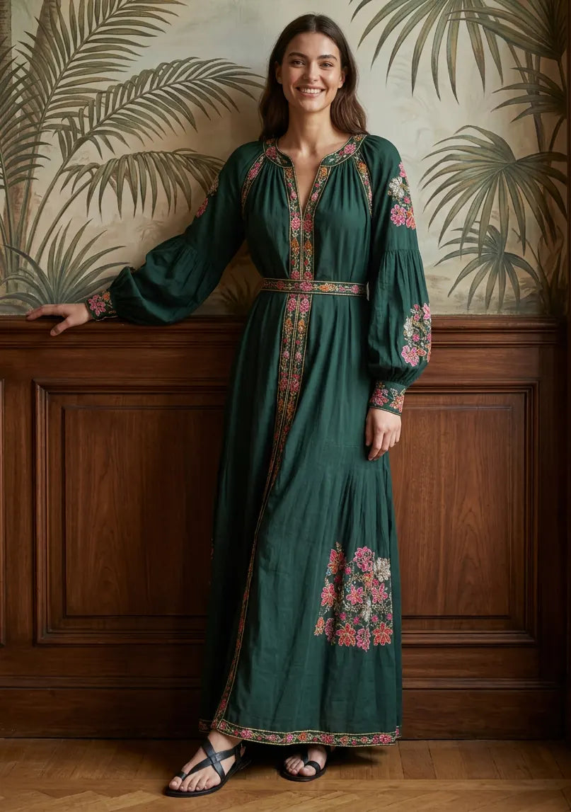 Women’s Cotton Long Dress with Hand Embroidery - Zayra