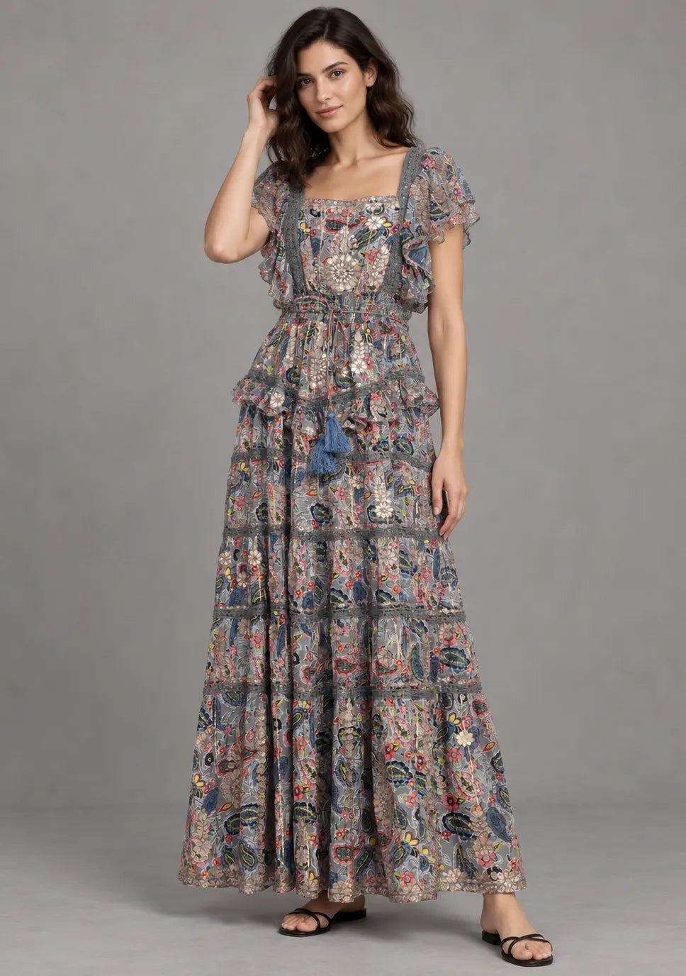 Women’s Cotton Floral Embroidered Tiered long Dress -Nafia