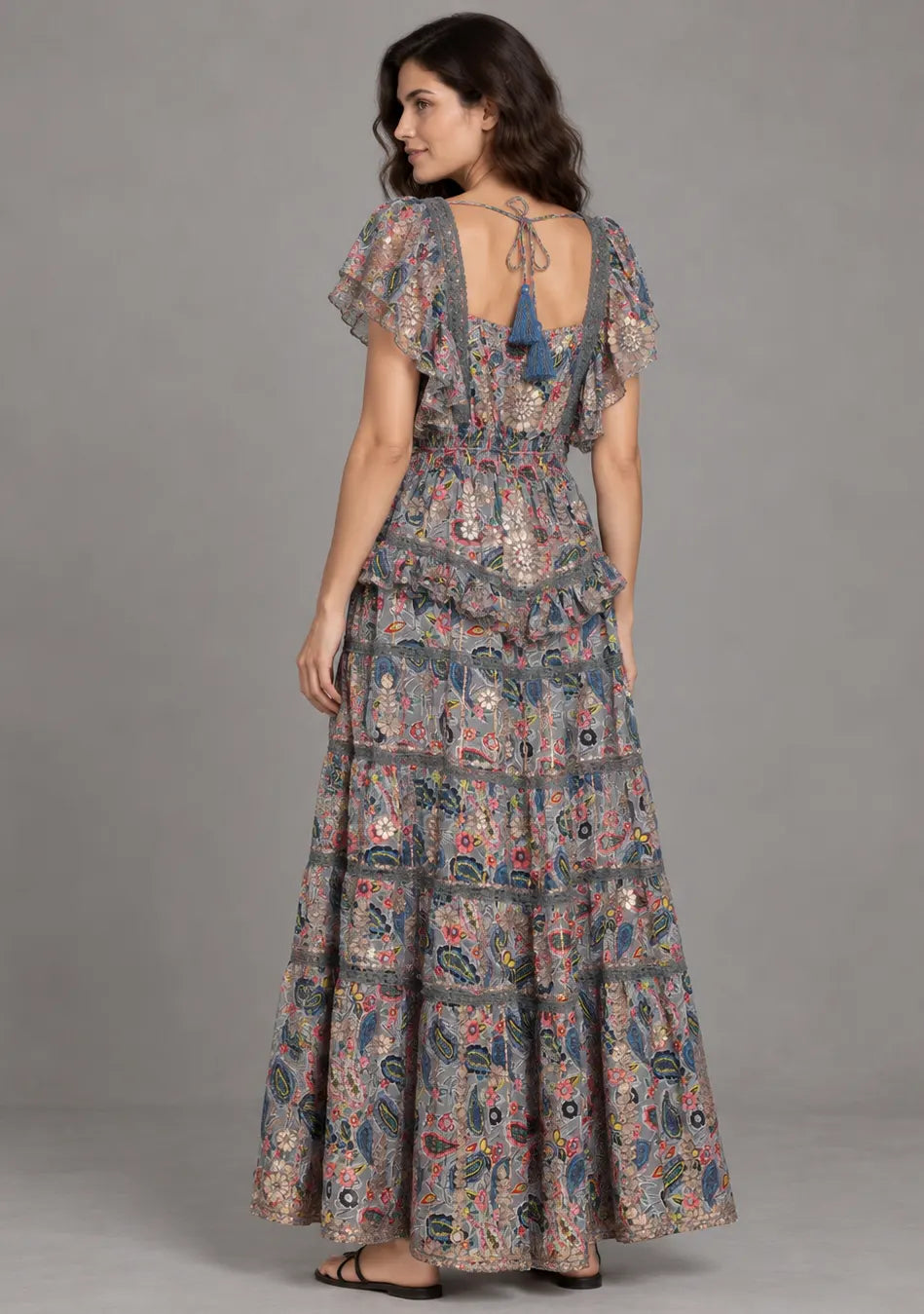 Women’s Cotton Floral Embroidered Tiered long Dress -Nafia