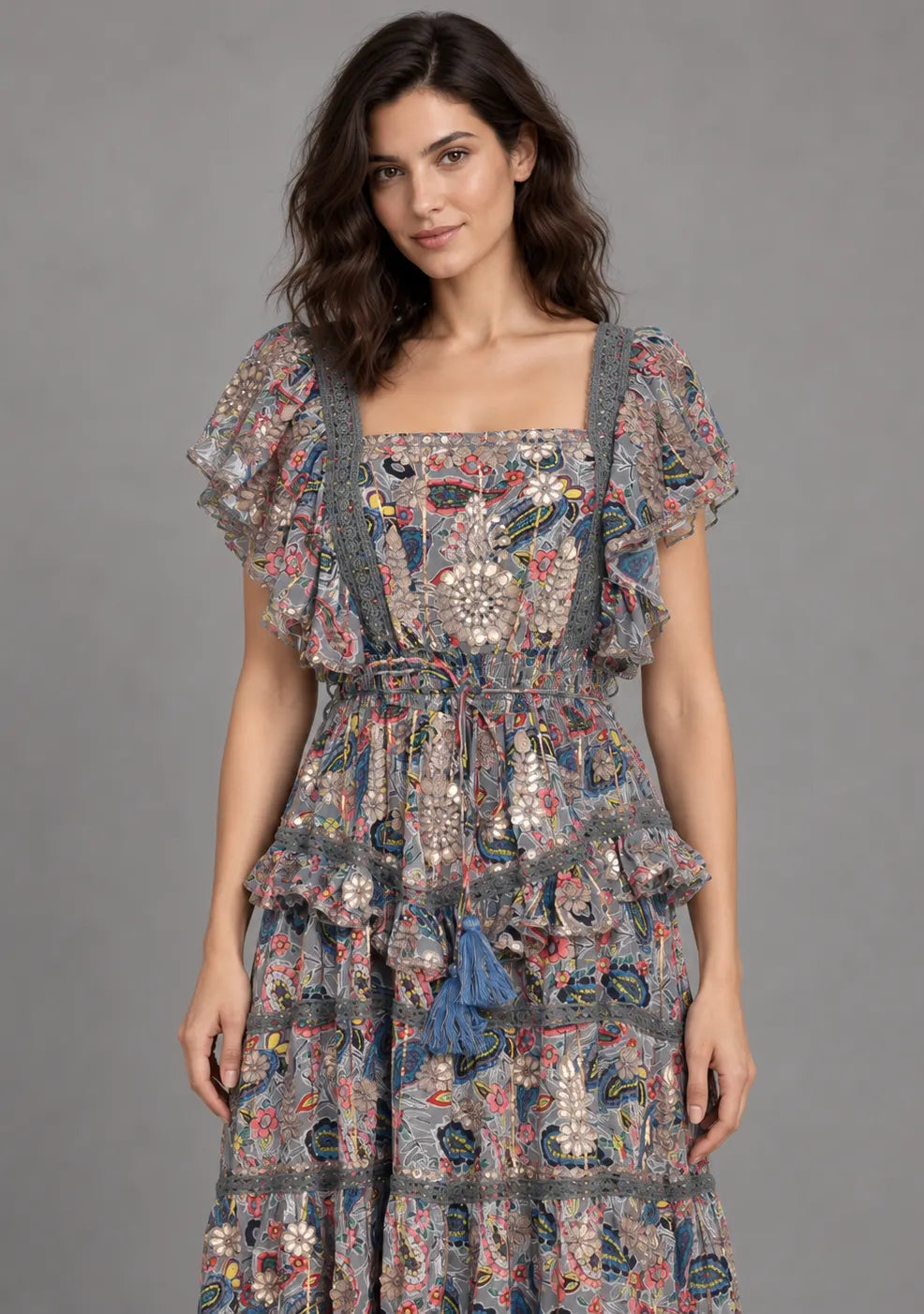 Women’s Cotton Floral Embroidered Tiered long Dress -Nafia