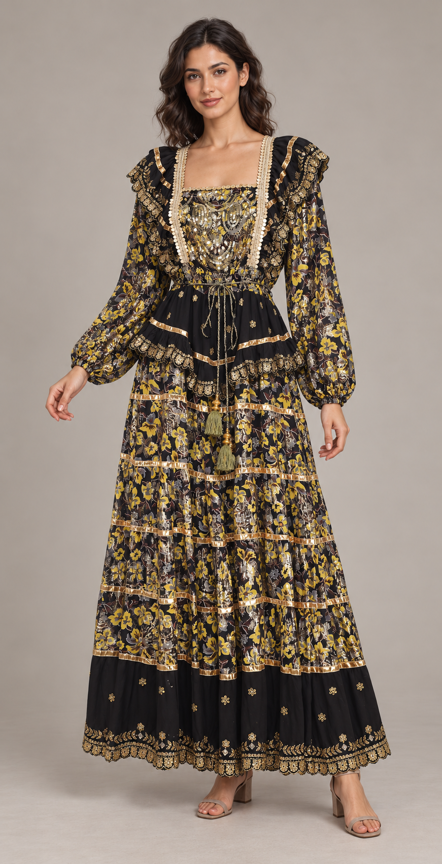 Gulab Long Dress with Square Neck & Floral Embroidery | ibBan