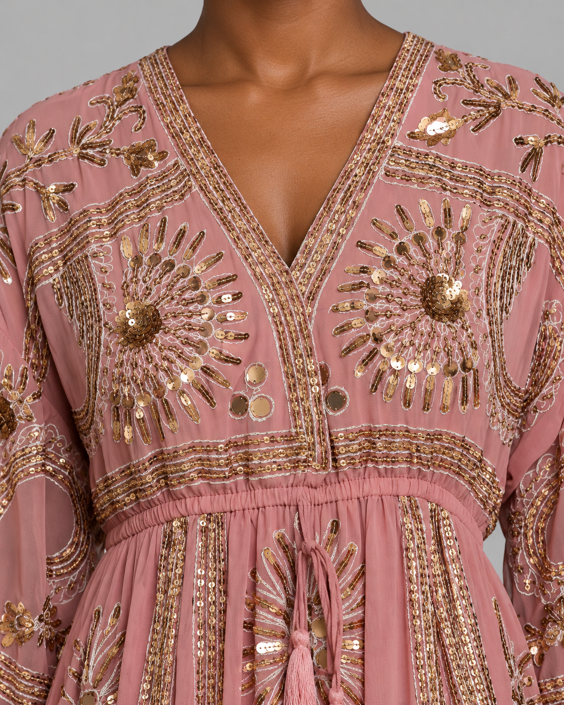 Yara Long Dress in Dusty Rose with Gold Embellishments | ibBan