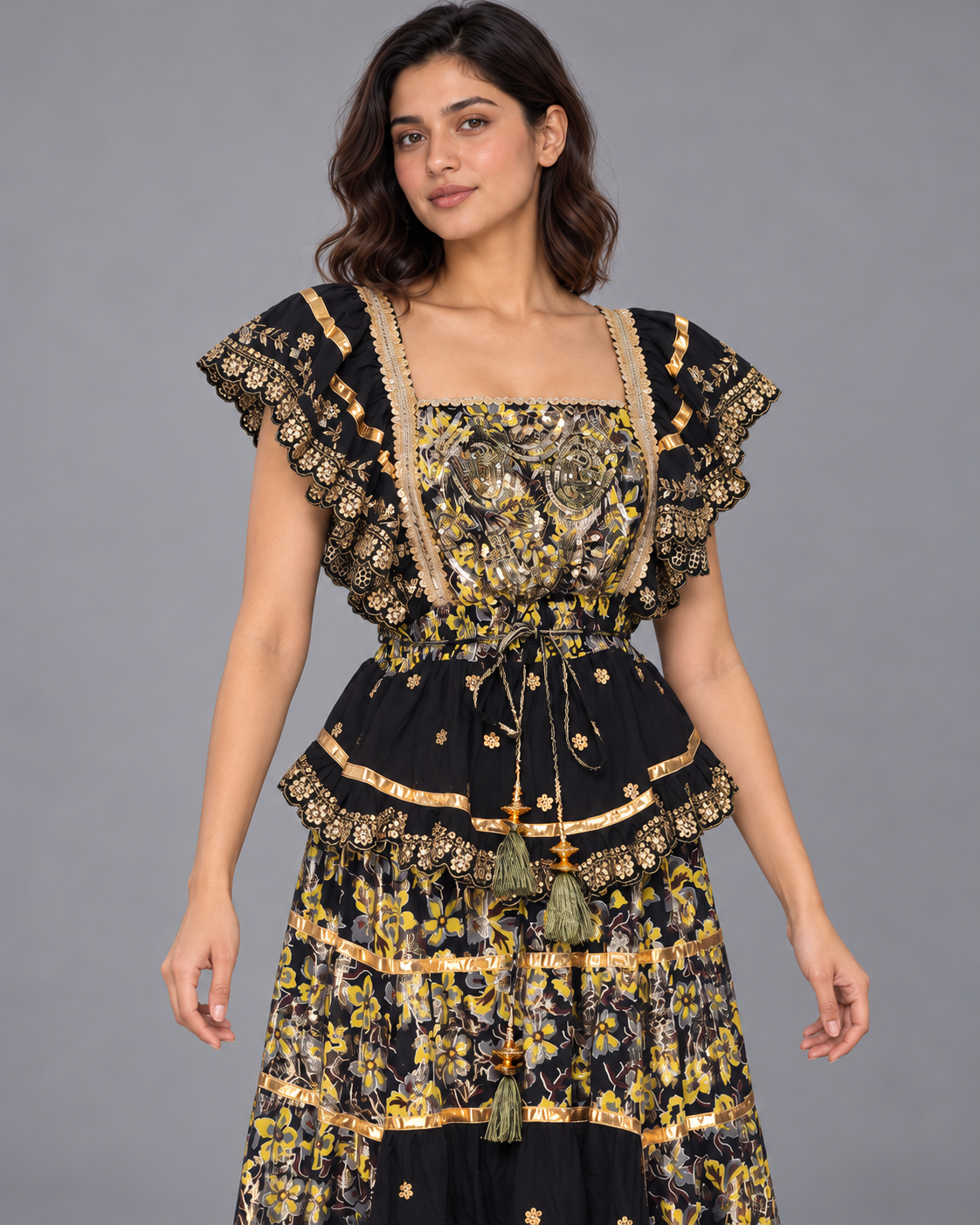 Gulab Floral Skirt Blouse Set with Ruffles & High-Low Hem | ibBan