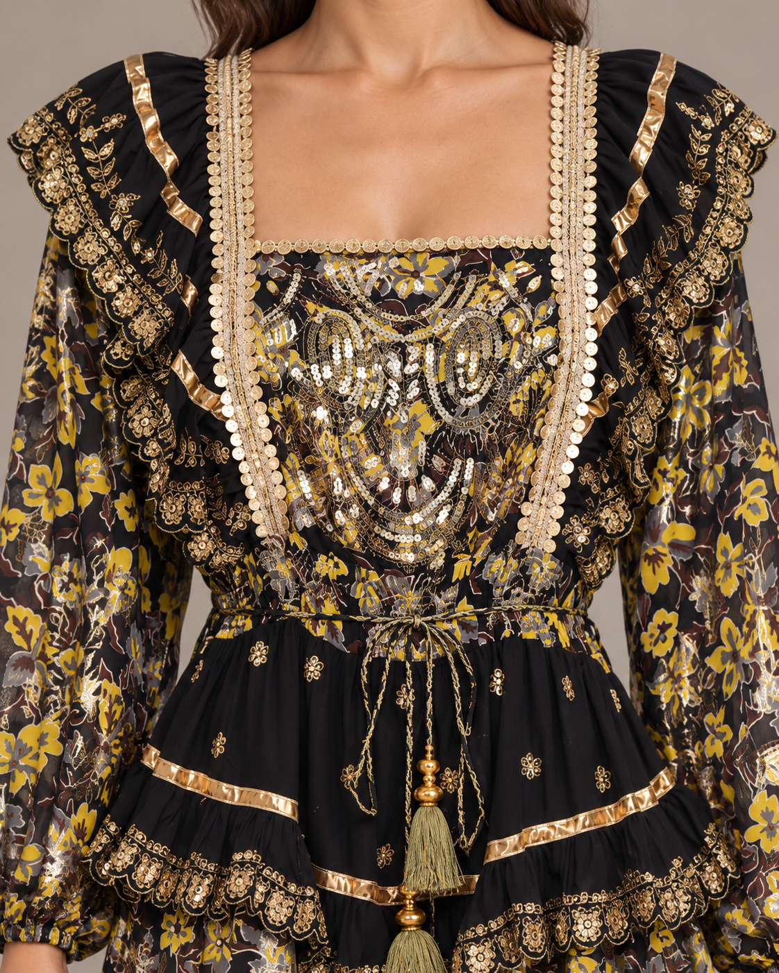 Gulab Long Dress with Square Neck & Floral Embroidery | ibBan