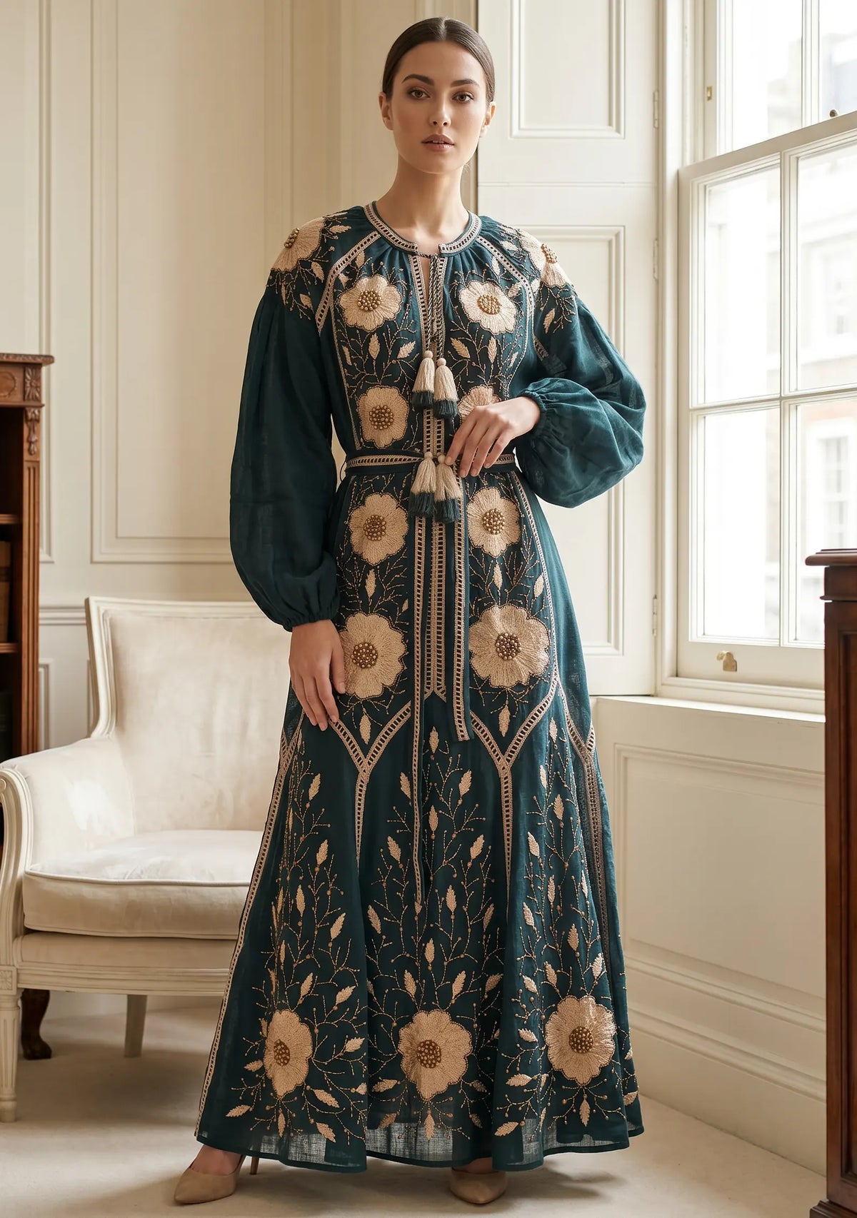 Women’s Hand-Embroidered Cotton Long Dress - Johri