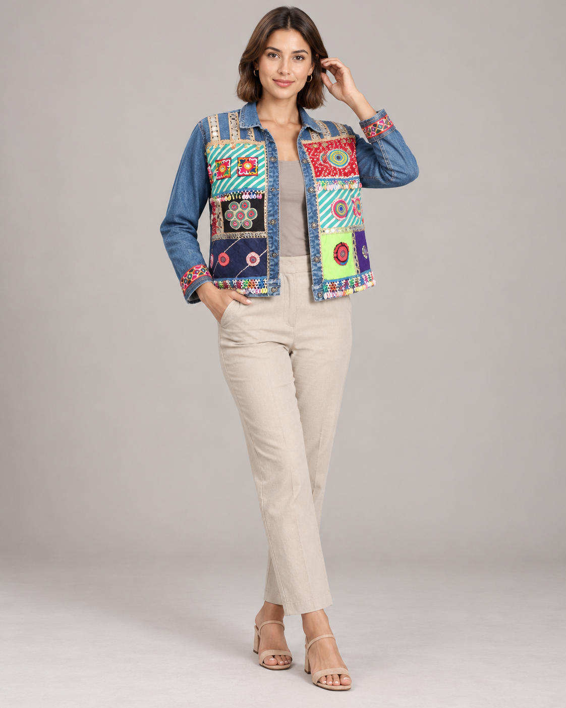 Chitrika Blue Denim Jacket with Patchwork & Mirrorwork | ibBan