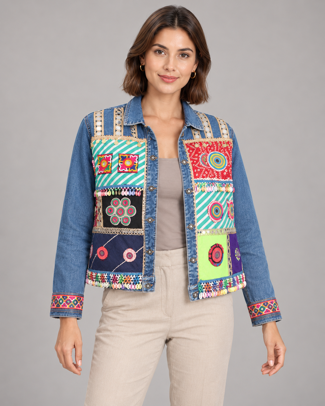 Chitrika Blue Denim Jacket with Patchwork & Mirrorwork | ibBan