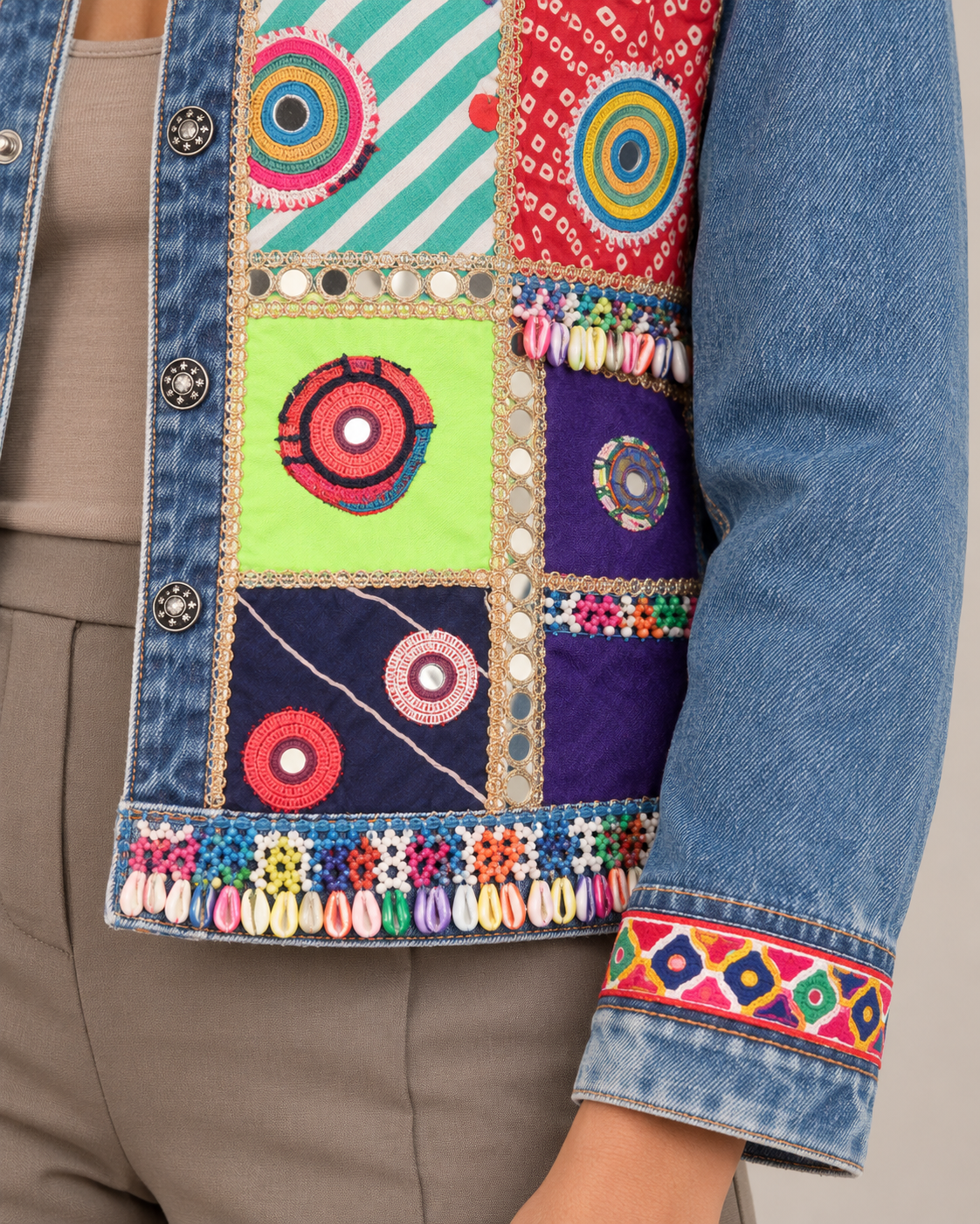 Chitrika Blue Denim Jacket with Patchwork & Mirrorwork | ibBan