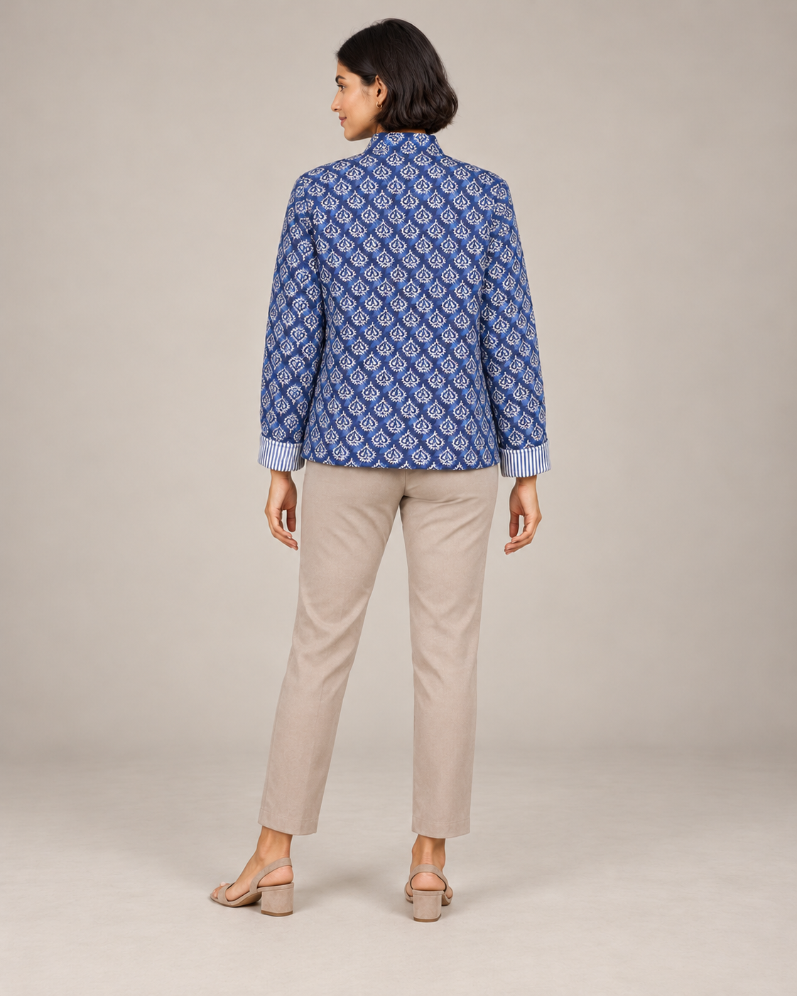 Neelam Indigo Quilted Jacket with Ivory Buta Print | ibBan