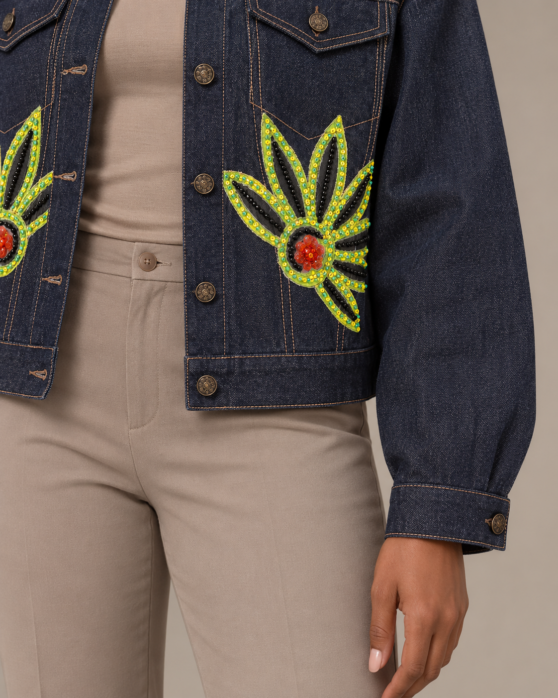 Zinnia Indigo Denim Jacket with Floral Embellishments | ibBan