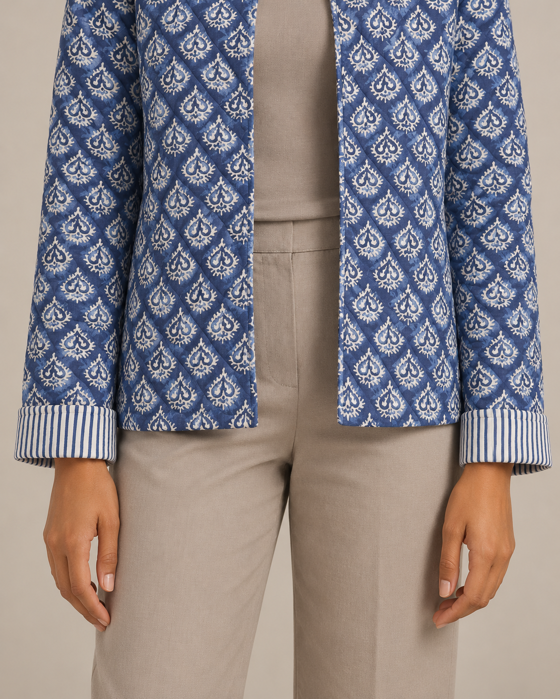 Neelam Indigo Quilted Jacket with Ivory Buta Print | ibBan