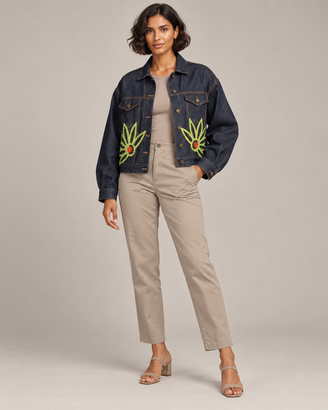 Zinnia Indigo Denim Jacket with Floral Embellishments | ibBan
