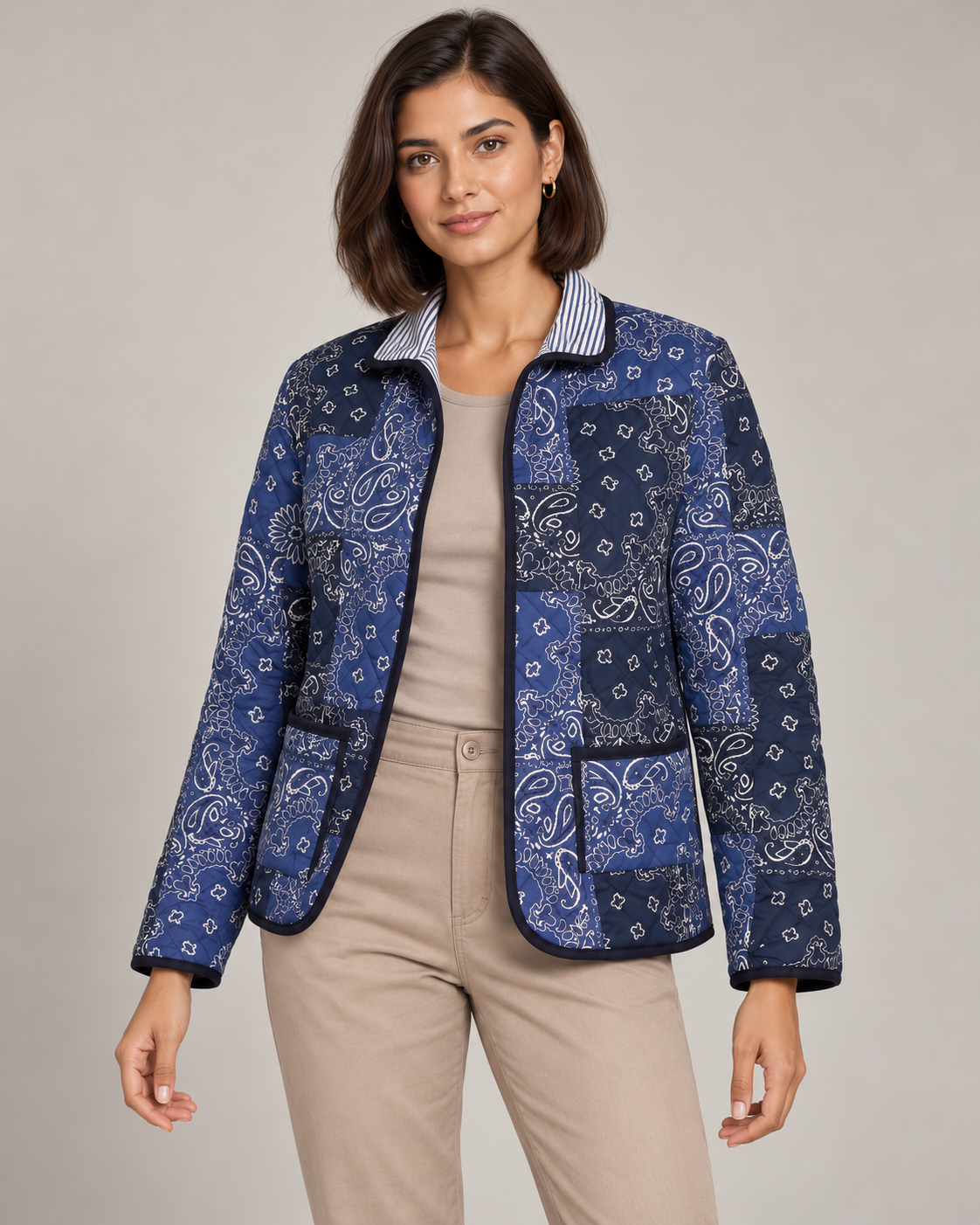 Neel Navy Paisley Quilted Jacket with Patchwork Print | ibBan
