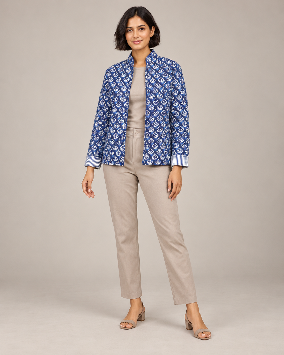 Neelam Indigo Quilted Jacket with Ivory Buta Print | ibBan