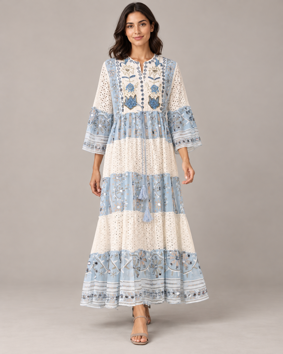 Embroidered Eyelet Mansi Long Tunic with Bell Sleeves | ibBan