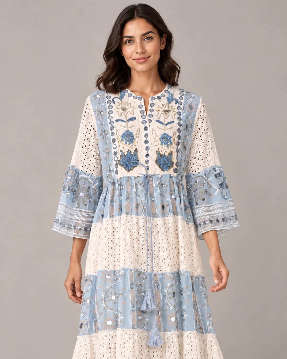 Embroidered Eyelet Mansi Long Tunic with Bell Sleeves | ibBan
