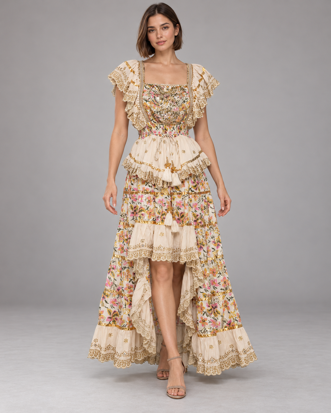 Gulab Floral Skirt Blouse Set with Ruffles & High-Low Hem | ibBan