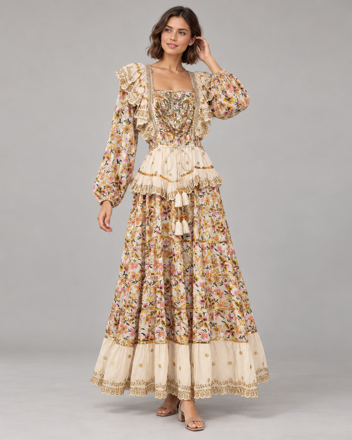 Lurex Long Dress with Metallic Embroidery | ibBan
