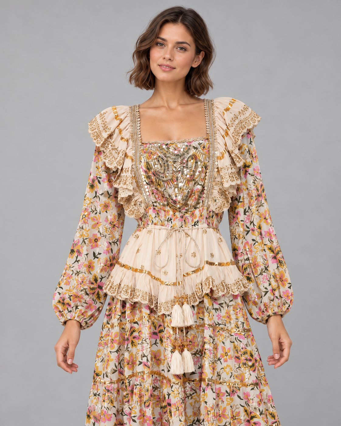 Lurex Long Dress with Metallic Embroidery | ibBan