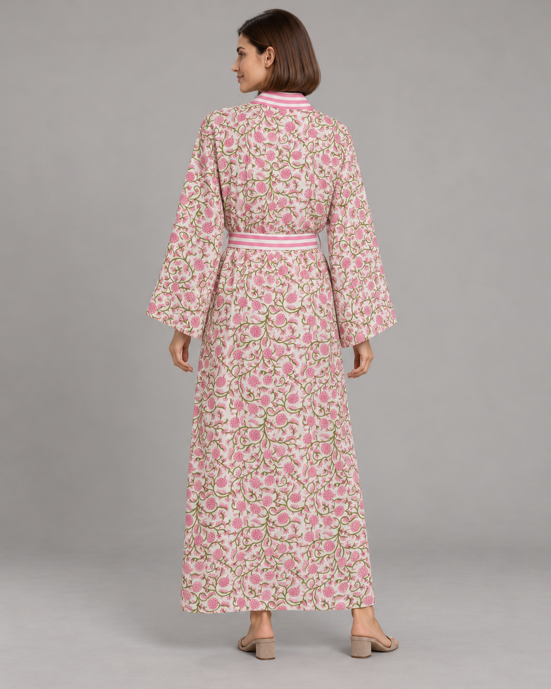 Ivory Floral Maxi Kaftan with Pink Striped Belt | ibBan