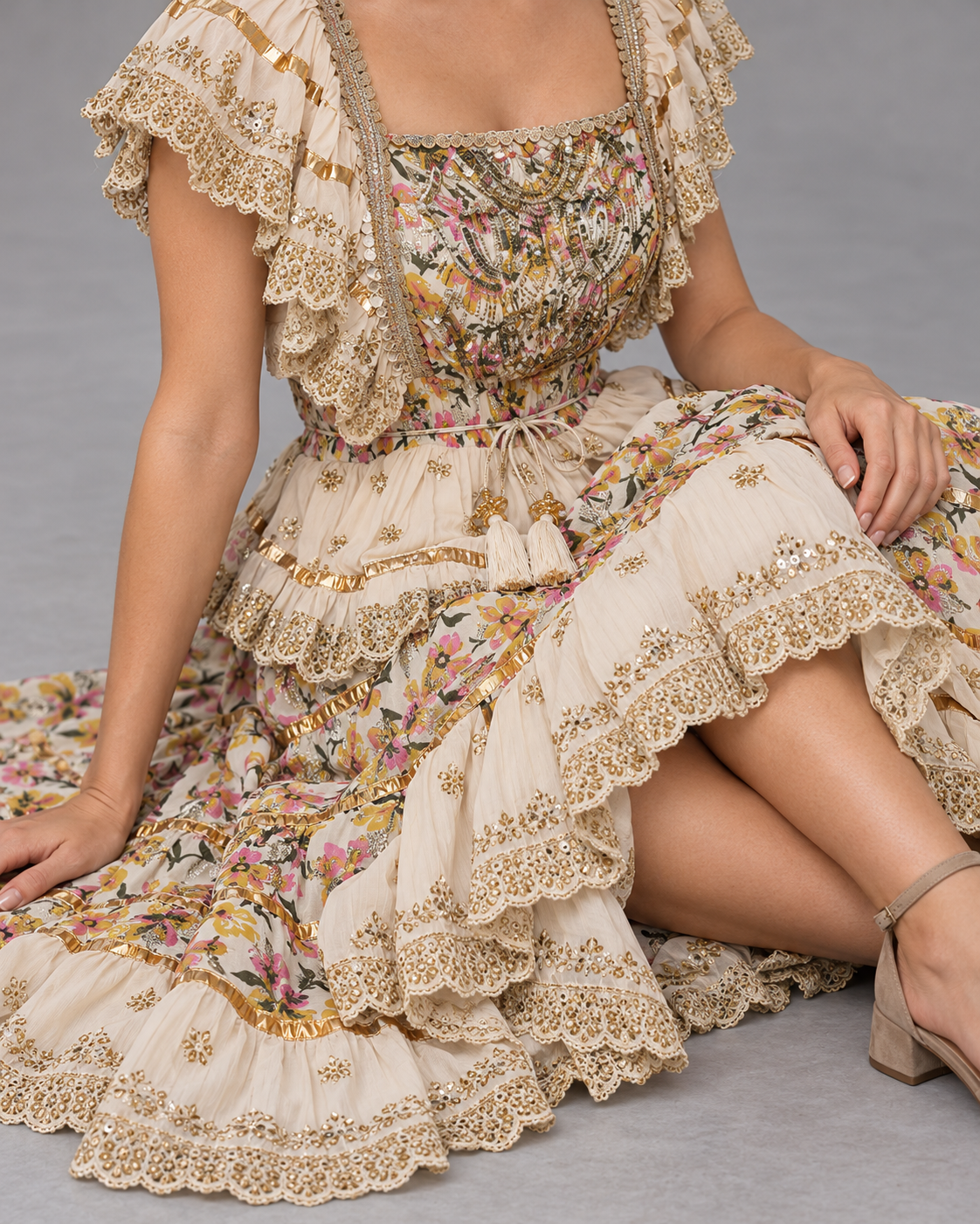 Gulab Floral Skirt Blouse Set with Ruffles & High-Low Hem | ibBan