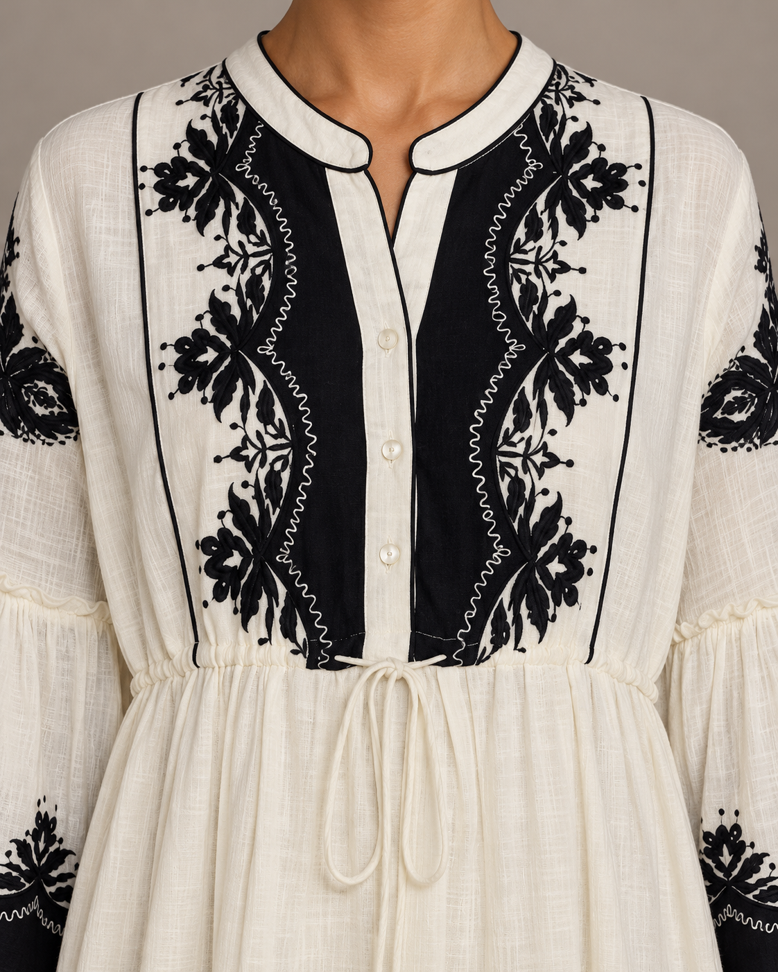 Anum Ivory Embroidered Long Tunic with Bell Sleeves | ibBan