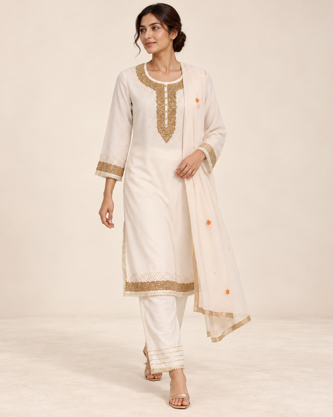 Kalyani Ivory Embellished Suit with Floral Dupatta | ibBan