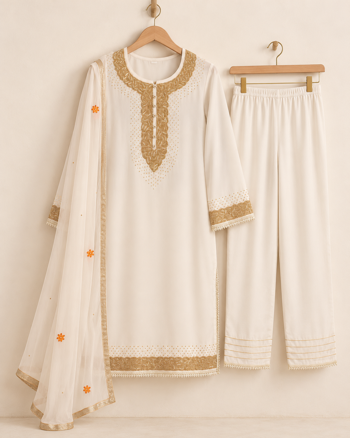 Kalyani Ivory Embellished Suit with Floral Dupatta | ibBan