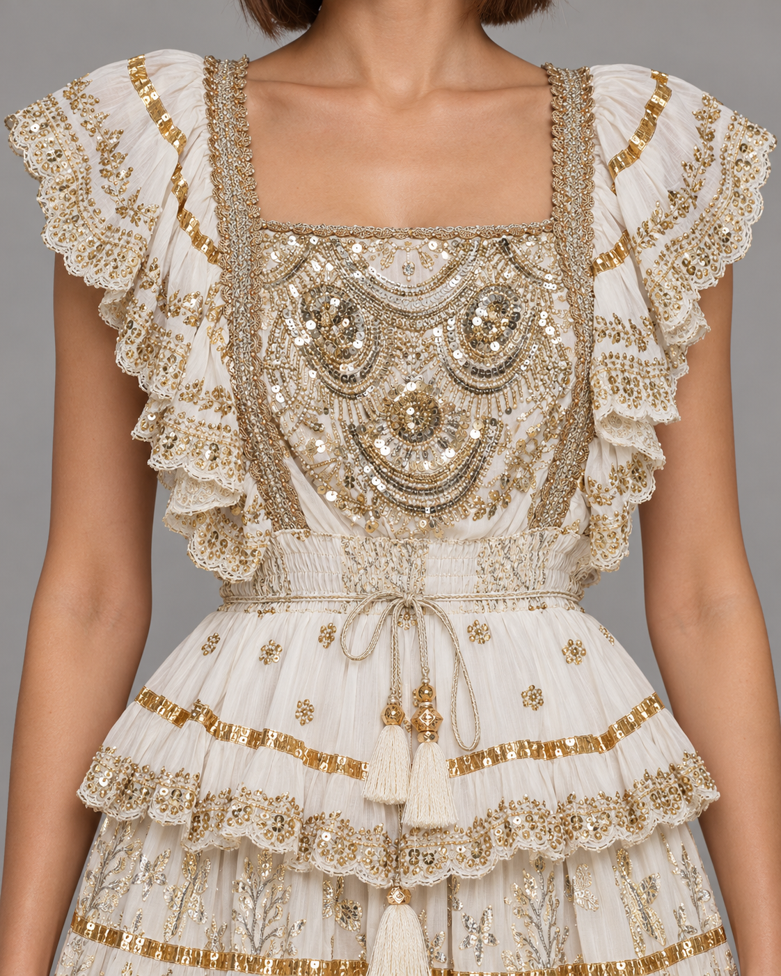 Lurex Skirt Blouse Set with Metallic Embroidery & Ruffles | ibBan