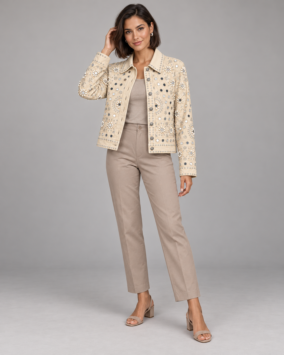 Aaina Ivory Mirrorwork Jacket with Floral Embroidery | ibBan