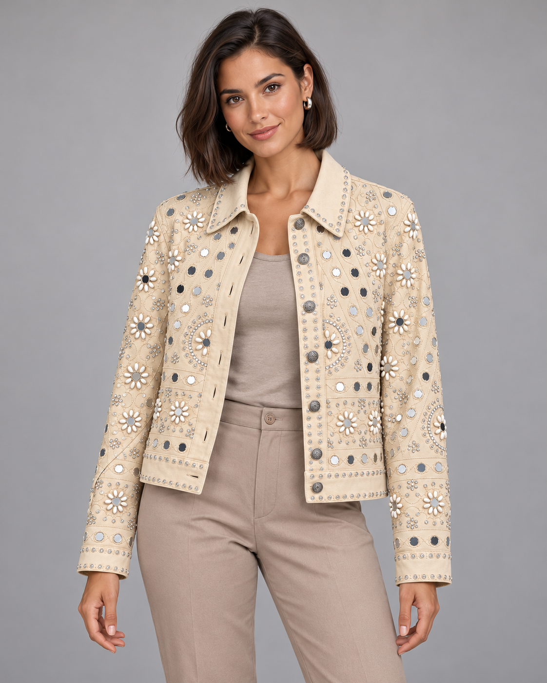 Aaina Ivory Mirrorwork Jacket with Floral Embroidery | ibBan