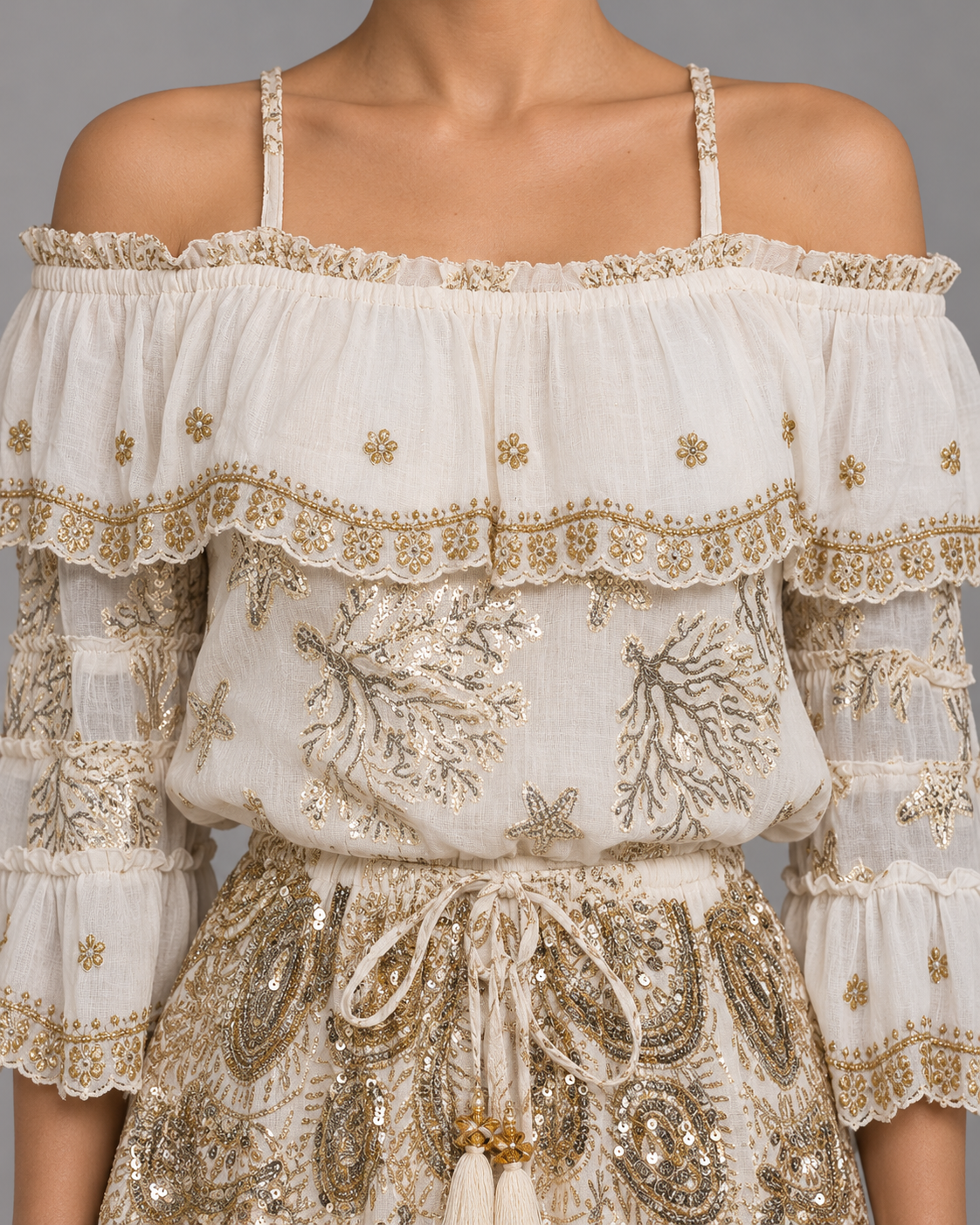 Lurex Skirt Blouse Set with Off-Shoulder Ruffles & Metallic Embroidery | ibBan