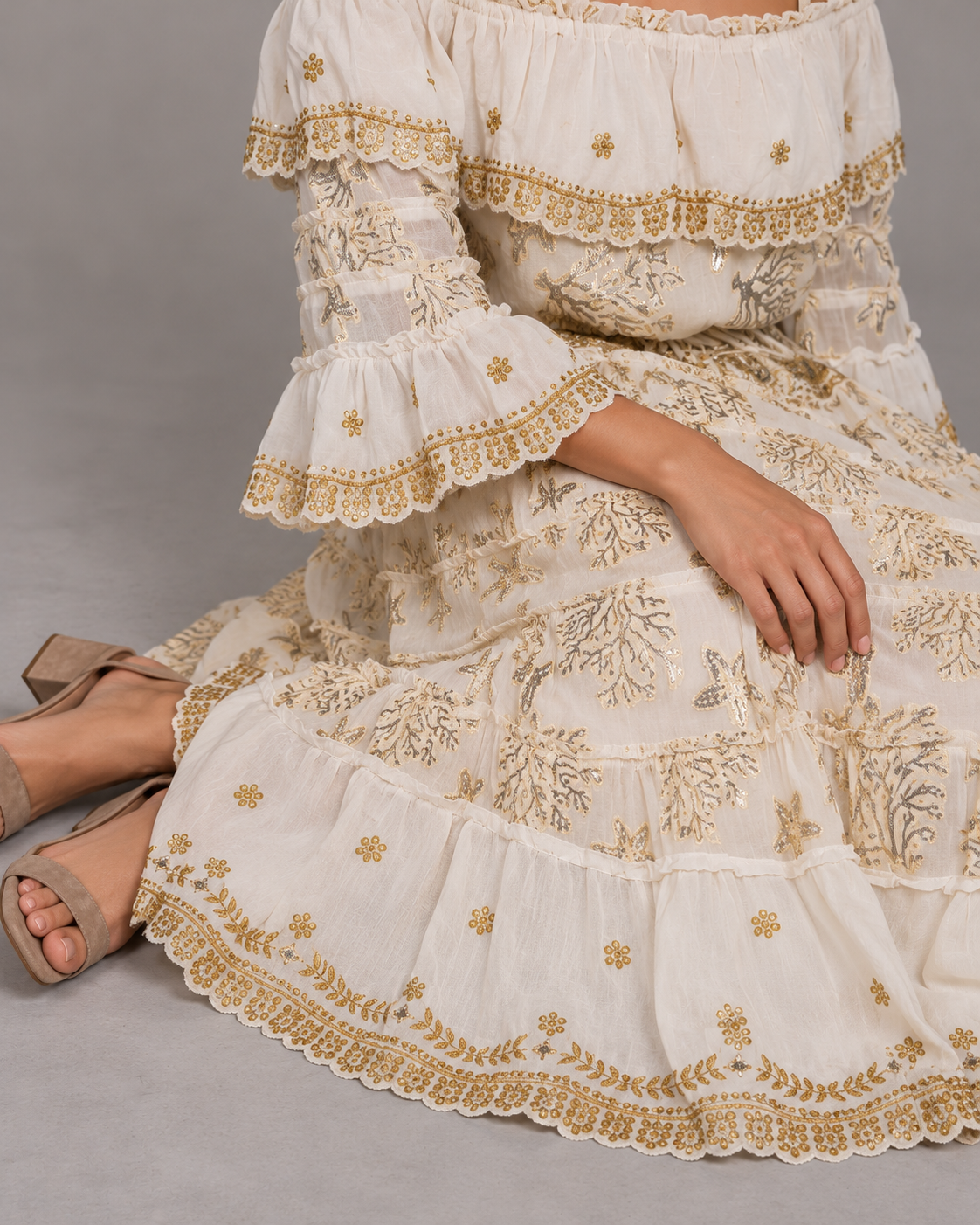 Lurex Skirt Blouse Set with Off-Shoulder Ruffles & Metallic Embroidery | ibBan