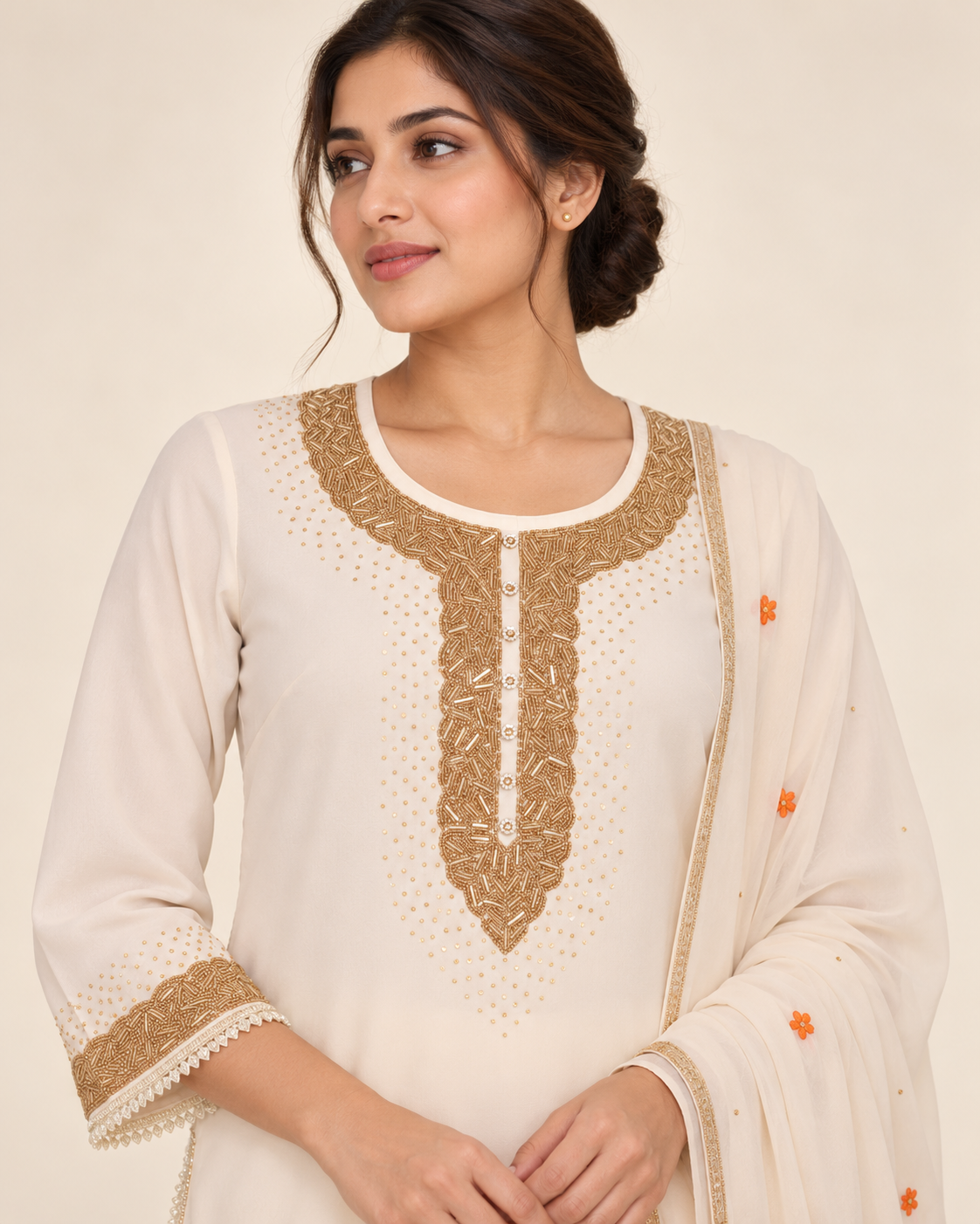 Kalyani Ivory Embellished Suit with Floral Dupatta | ibBan