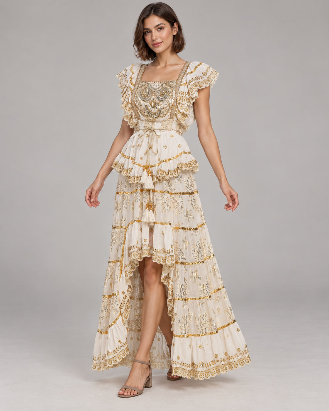 Lurex Skirt Blouse Set with Metallic Embroidery & Ruffles | ibBan