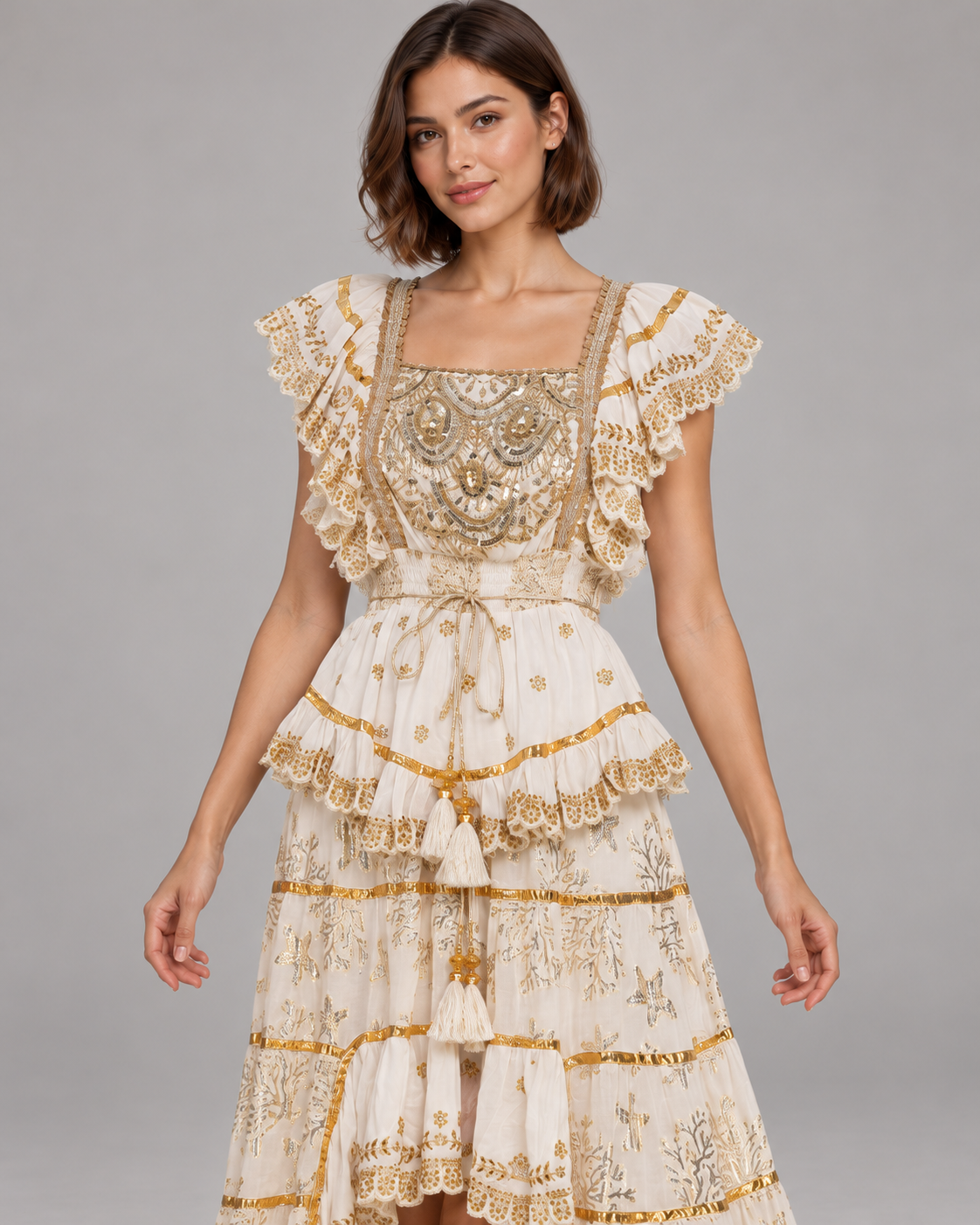 Lurex Skirt Blouse Set with Metallic Embroidery & Ruffles | ibBan
