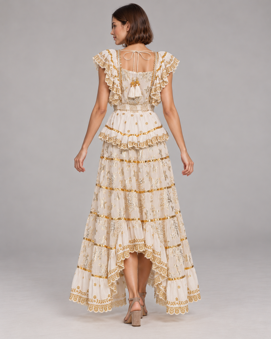 Lurex Skirt Blouse Set with Metallic Embroidery & Ruffles | ibBan