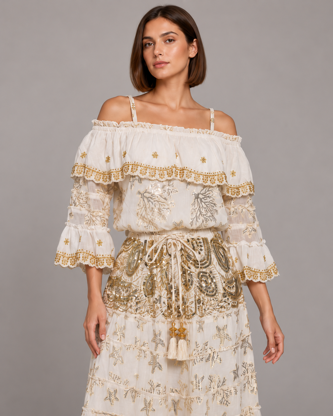 Lurex Skirt Blouse Set with Off-Shoulder Ruffles & Metallic Embroidery | ibBan