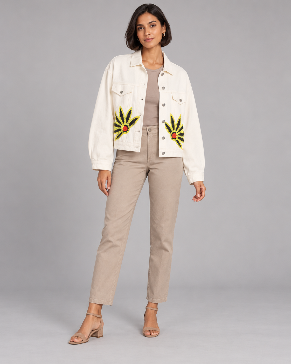 Zinnia Ivory Cropped Jacket with Floral Embellishments | ibBan