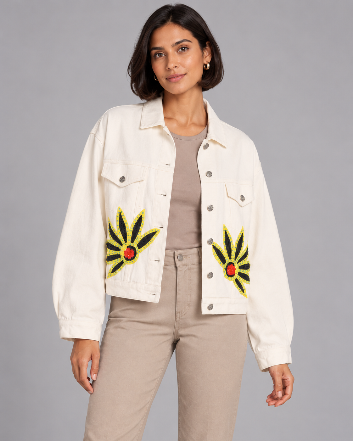 Zinnia Ivory Cropped Jacket with Floral Embellishments | ibBan